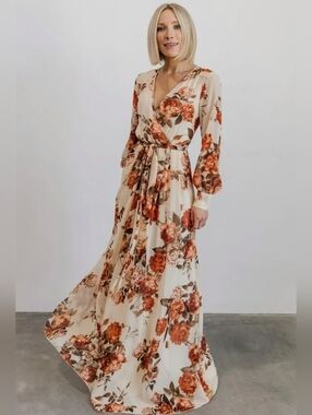 Baltic Born Lydia Maxi Floral Dress Women's Size XL Cream Orange Rust Long V